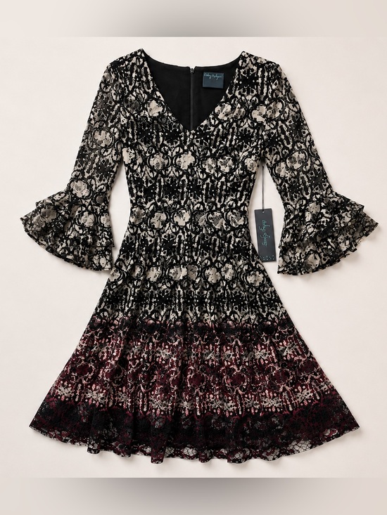 Gabby Skye Dresses & Skirts - NWT Gabby Skye Lace Overlay Bell Sleeve Dress Black Cream Plum Sz 8 Dark Romance